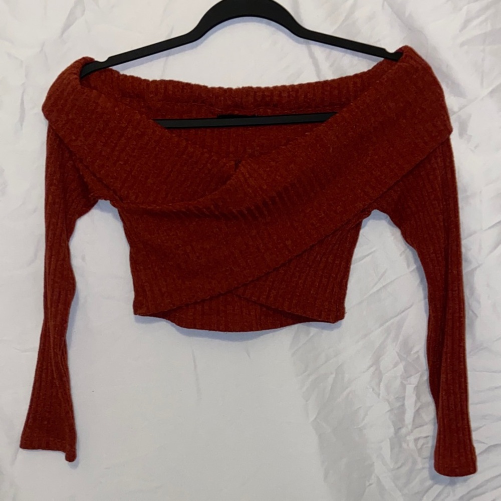 Off The Shoulder Long Sleeve Ribbed Sweater- Burnt Orange